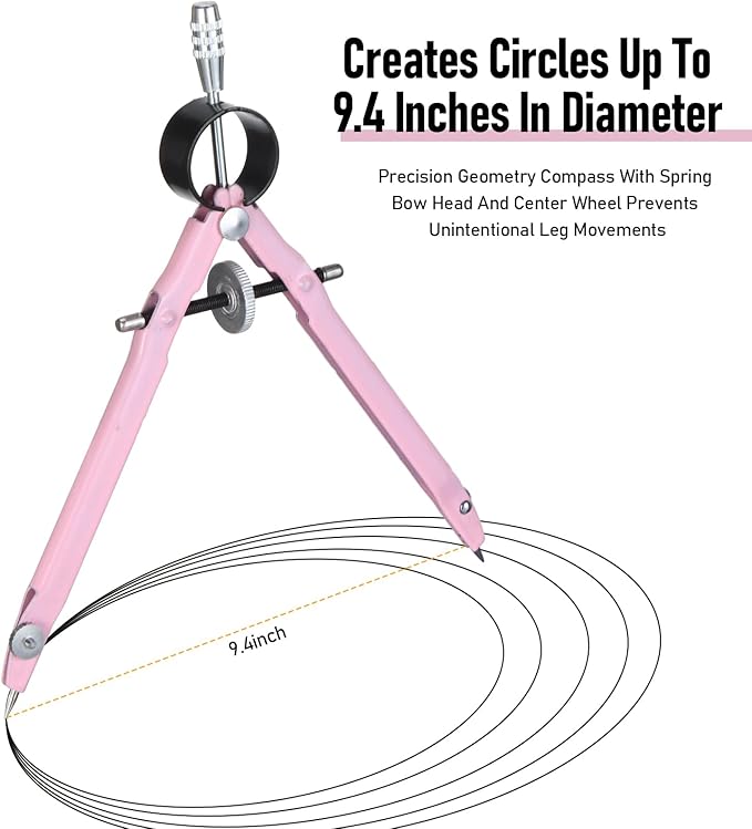 EBOOT Student Geometry Math Set, Metal Drawing Compass and 6 Inch Clear Swing Arm Protractors 180 Degree Math Protractor(Pink)