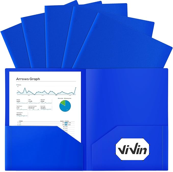 ViVin 12-Pack Plastic Folders with Pockets, 8.5 x 11 Inch Letter Size Poly Folders with 2 Pockets, Plastic Pocket Folders for School, Home, Office (Blue)