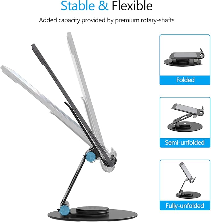 Swivel Tablet Stand, Aluminum Portable 360°Rotating Adjustable Tablet Holder for All 4-12.9’’ iPad Surface Samsung Phone Tablet Kindle E-Reader and More(Black)