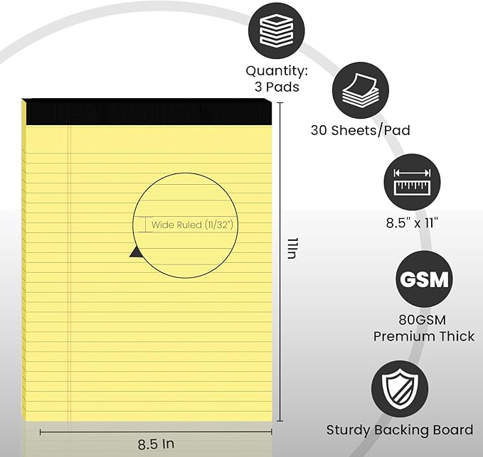 3pcs Legal Pads 8.5 x 11,Notepads 8.5 x 11 Inch, 30 Sheets/Pack, Yellow Note Pads Clear Print Writing Pads of Paper, Perforate Wide Ruled Lined with Sturdy Back for Office, Business & School Supplies