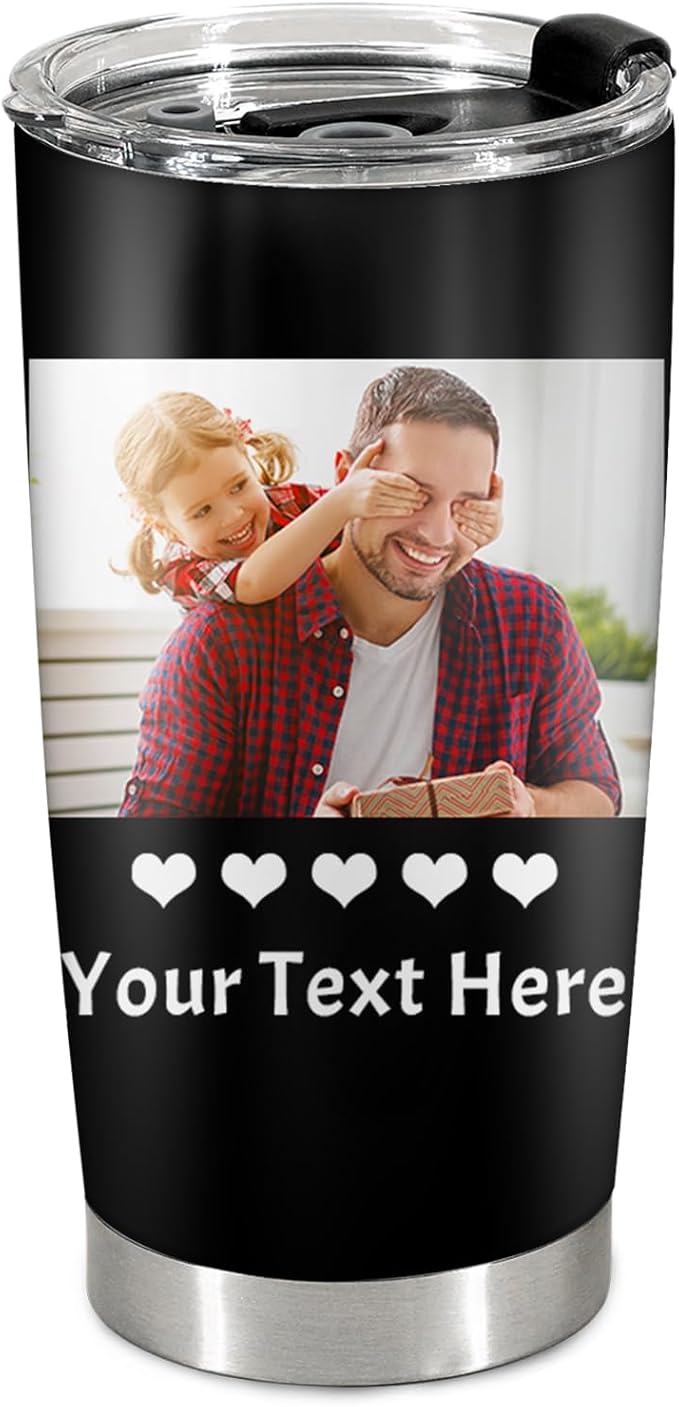 Personalized Tumbler Custom Vacuum Insulated Travel Mug Customizable Coffee Cup with Your Photos and Text Christmas Birthday Gift (One Photos+Text(two sides))