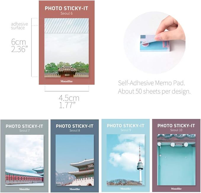 Monolike Photo Sticky-It 5p B Set - Seoul, Self-Adhesive Memo Pads for Diary Decor & Daily Planning, 50 Sheets Each