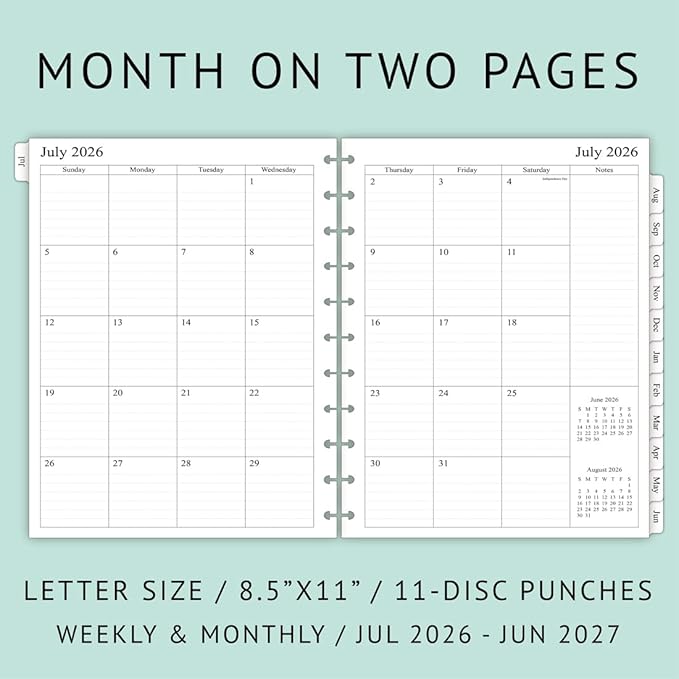 2026-2027 Weekly Planner Refills for 11-Discbound Notebooks, Jul 2026 to Jun 2027, Monthly Tabs, 11-Disc Punches, Letter Size, 8-1/2" x 11"