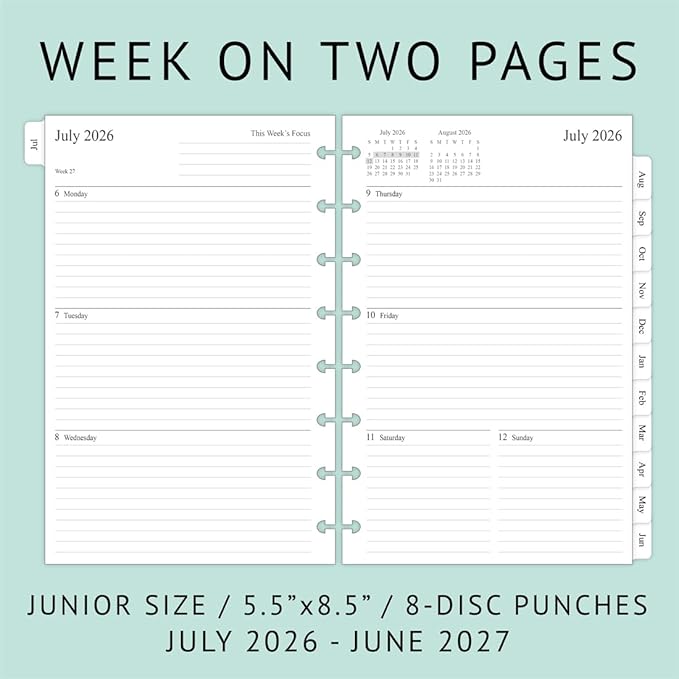 2026-2027 Weekly & Monthly Planner Refills for 8-Discbound Planners, July 2026 to June 2027, Junior Size, 5-1/2"x8-1/2"