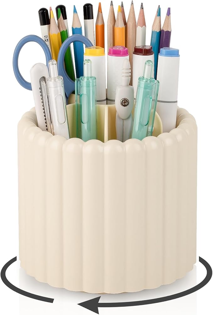 Anyoifax 360° Rotating Pen Holder 7 Slots Desk Organizer Removable Pencil Cup Plastic Art Supplies and Accessories Desktop Storage Box Caddy for Office, School, Home (Beige)