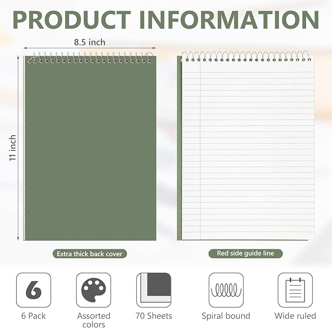 Resurhang 6 Pack 8.5 x 11'' Top Bound Office Steno Book Wide Ruled Double Sided Spiral Notebooks Reliable White Paper 70 Sheets/Pad Pastel Colors Covers for Writing School Notes(Classic Color)