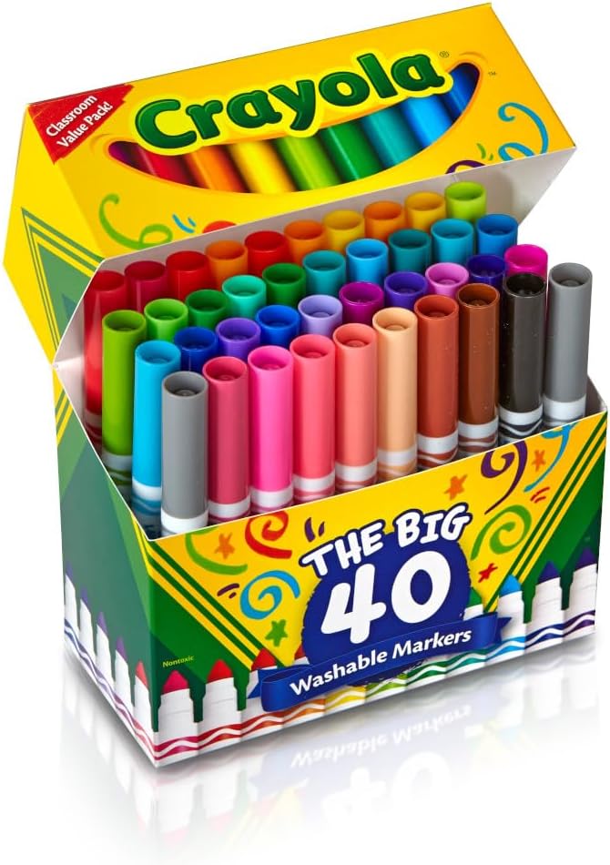 Crayola Ultra Clean Washable Markers (40ct), Teacher School Supplies for Kids, Broad Line Colored Markers, Coloring Book & Art Marker Set, Ages 3+