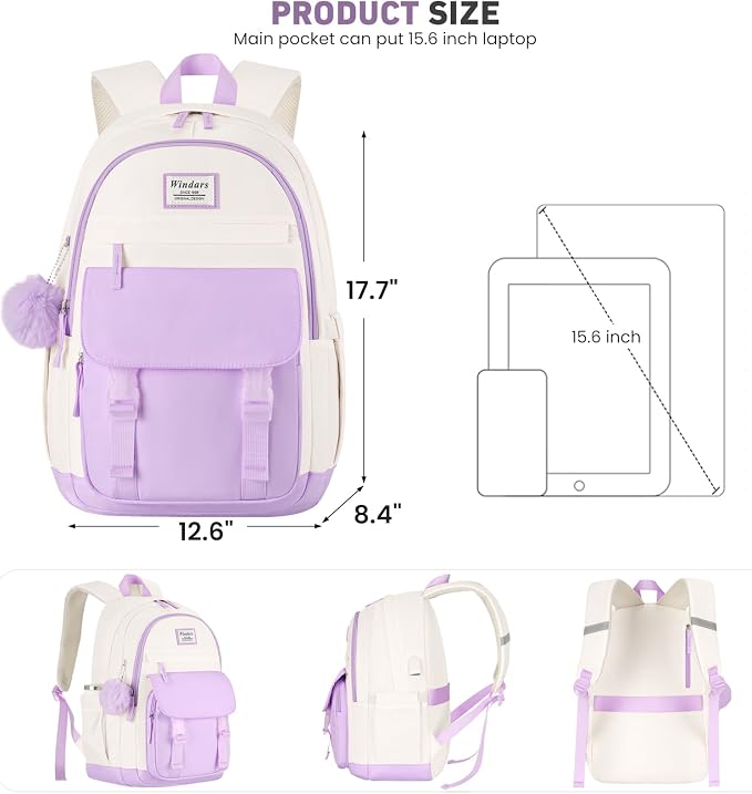 WINDARS School Backpack for Teen Girls, Cute College Backpacks for Women Students Aesthetic Bookbag Large 15.6 Inch Laptop Bag Middle School Travel Back Pack (Purple Beige)
