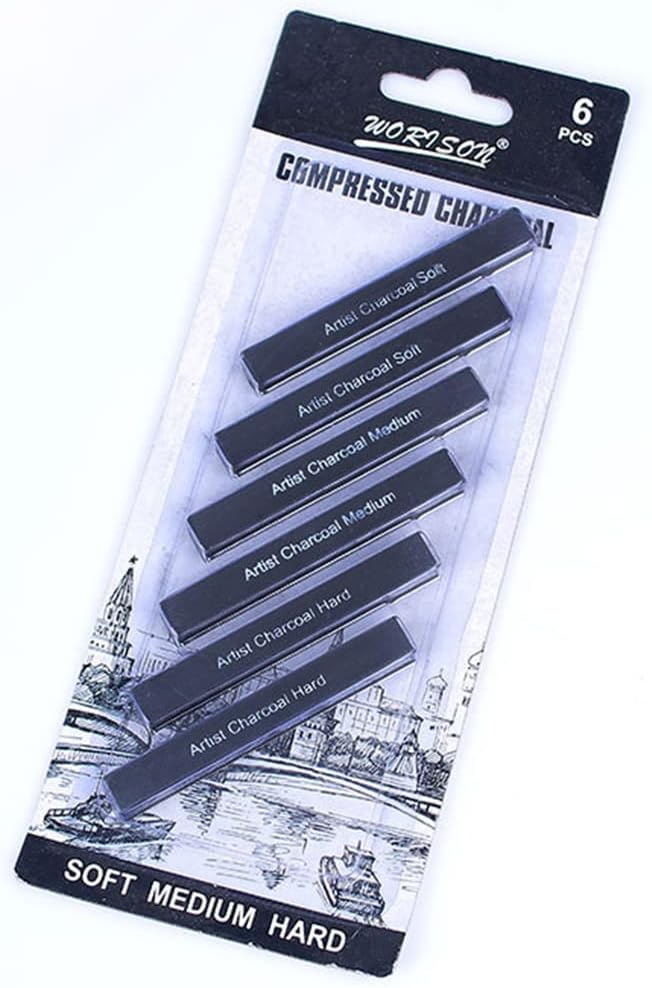 Compressed Charcoal Rod 6PCS Soft, Medium and Hard Grade Vine Square Willow Charcoal Sticks for Drawing, Sketching, Shading, Art Supplies Sketch Kits Tools Carbon Strip