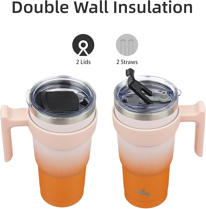 Konokyo 20 oz Tumbler with Handle and 2 Straw 2 Lid, Insulated Water Bottle Stainless Steel Vacuum Cup Reusable Travel Mug,Coral