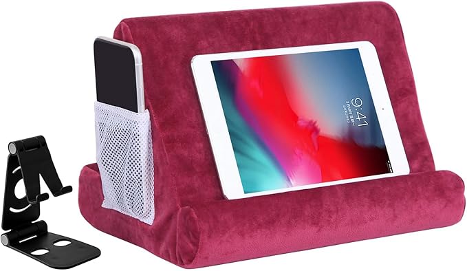 2pcs Multi-Angle Tablet Holder Cushion Stand with Net Pocket & Black Color Phone Stands Upgraded Tablet Pad Support for Phone,Pad,Books (WineRed)