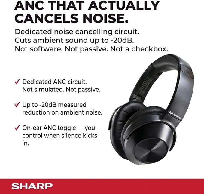 Sharp Noise Cancelling Bluetooth Headphones | Wireless Over Ear Headphones | Bluetooth Headset with Microphone | 20 Hours of Talk & Music Time | 33 FT Operating Range | HP-60(K), Black