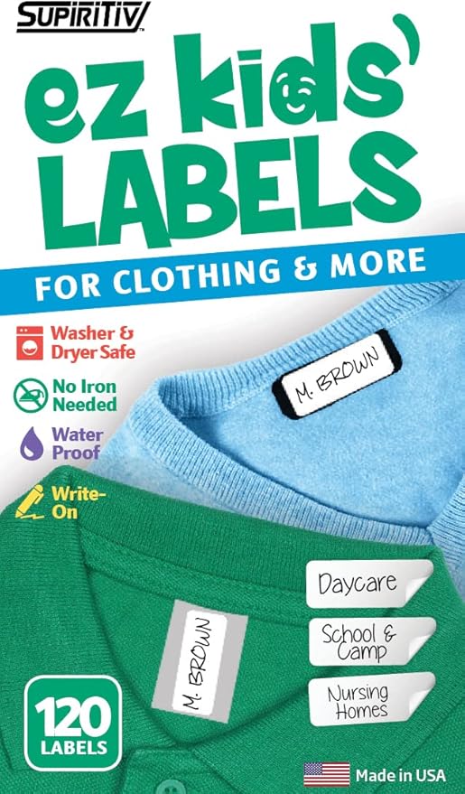Ez Kids Clothing Labels Self-Stick No-Iron Write-On | Washer & Dryer Safe | Great for Children & Adults | School, Camp, Nursing Care, Toys, Organizing, All Purpose (120-Pack)