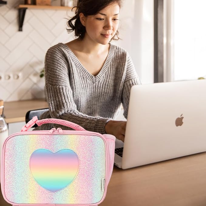 GYEUKHAM Insulated Lunch Box for School, Thermal Reusable Durable Freezable Lunch Bags for Kids Boys Girls Men Women - Small Soft Cooler Portable Lunch Tote Kit for Work Picnic Travel,Rainbow Glitter