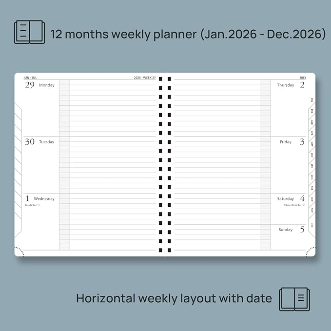 POPRUN 2026 Planner (Jan.-Dec.), Large-8.5" x 10.5", Horizontal Weekly Notebook, 12-Month Calendar Book with Monthly Tabs, Spiral Soft Cover, Inner Pocket, 100 GSM - Lavender