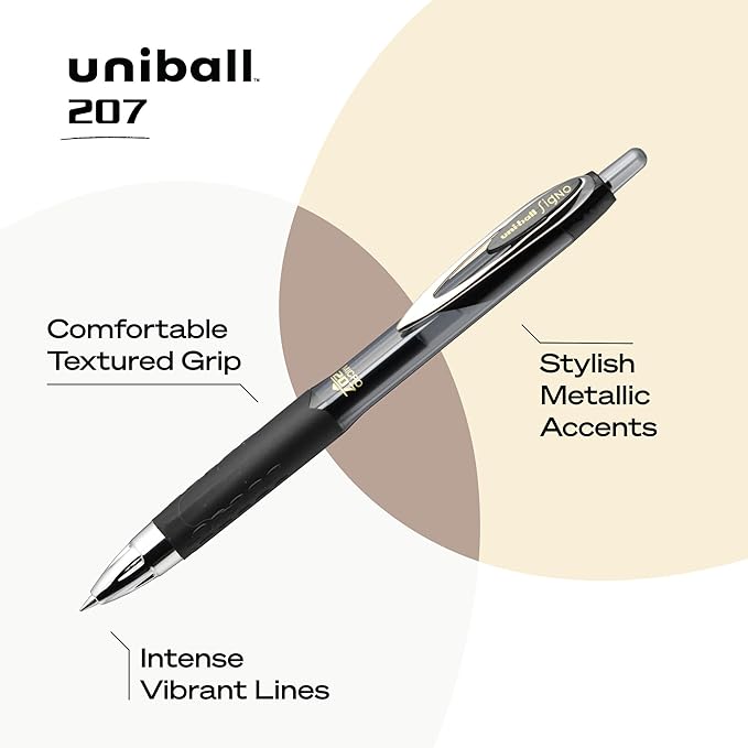 uniball 207 Retractable Gel Pens, Micro Point (0.5mm), Black, 12 Count (Pack of 12)