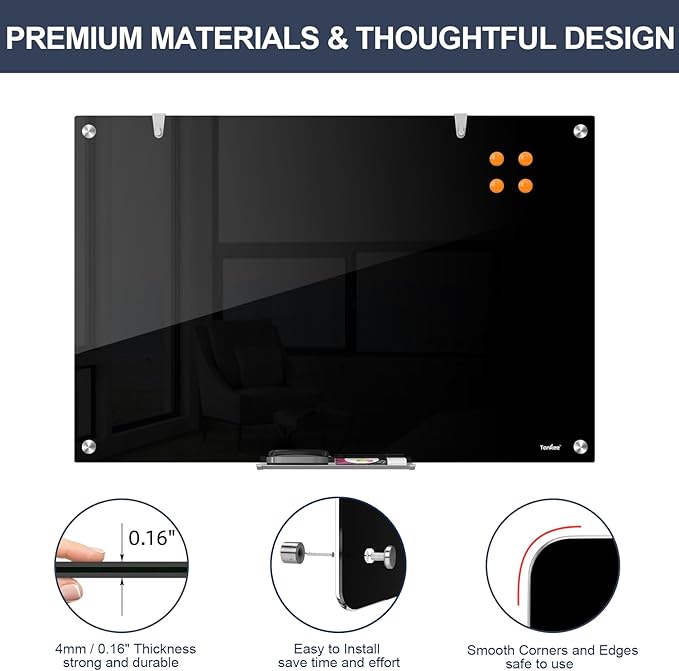 Dry Erase Board Black Magnetic Glass Whiteboard, TANKEE Modern Large Frameless Tempered Glass White Board for Wall, Office, School, Home, 36” x 24”, 3' x 2' White Board