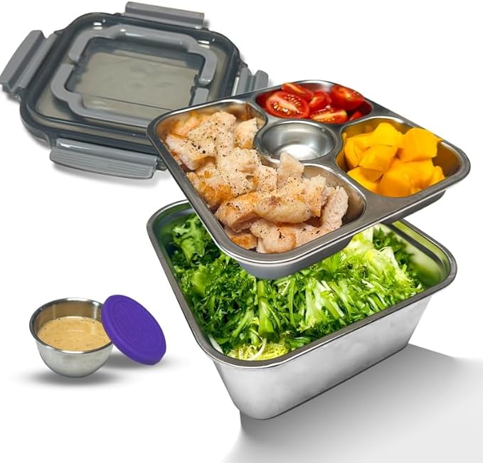 Salad Container for Lunch Stainless Steeel Salad Container 60-oz Salad Bowl with Lid 4-Compartment Bento-Style Tray, 1.5-oz Salad Dressing Container,Dishwasher, Microwave, and Oven Safe (Gray Lid)