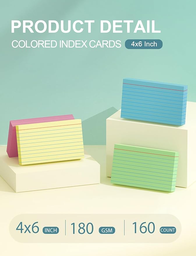 Colored Index Cards 4x6 Inch - 160 Count, Ruled Index Flash Cards for Studying, Lined Index Note Cards 4 x 6 with Colorful, Heavy Colored Flashcards 4x6 Notecards for Office, Home and School Supplies