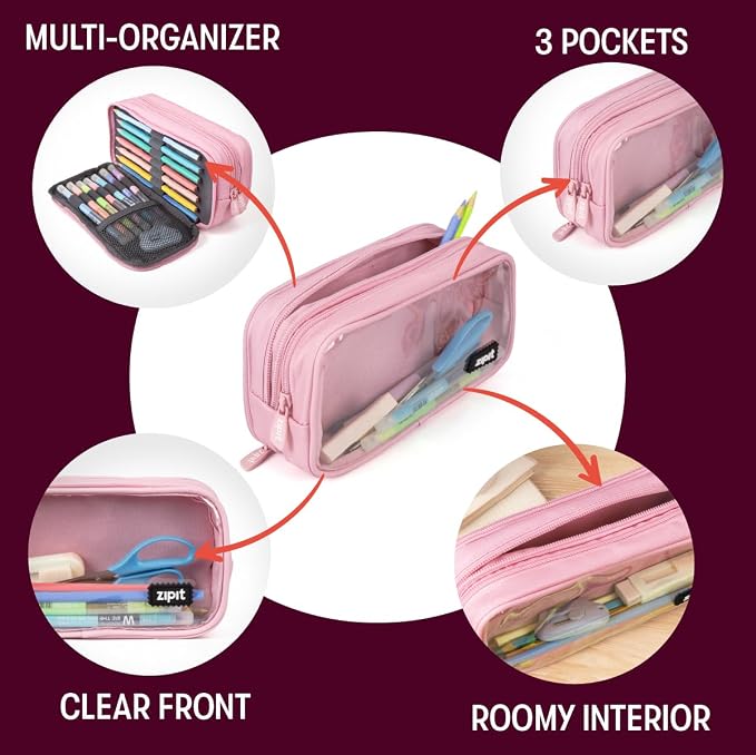 ZIPIT Half & Half Pencil Case for Girls, 3-Compartment Zipper Pouch, Pink | Clear-front pencil case for school, dedicated organizer panels, holds up to 70 pens & pencils, durable easy-care polyester