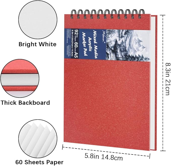 8.3" x 5.8" Hardcover Sketchbook,Top Spiral Bound Mixed Media Sketch Pad,60 Sheets 92lb/150 GSM Acid-Free Drawing Paper,Small Travel Artist Journal Notebook for Adults Beginners,Art Supplies.Red