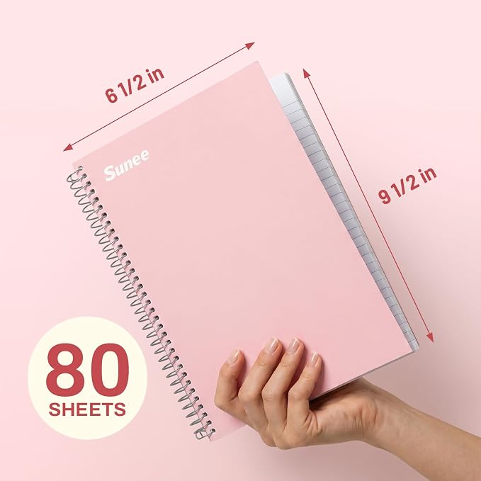 SUNEE Spiral Notebook, 2-Subject, College Ruled Paper, 6" x 9-1/2", 80 Sheets, Spiral Notebooks for School, Pink