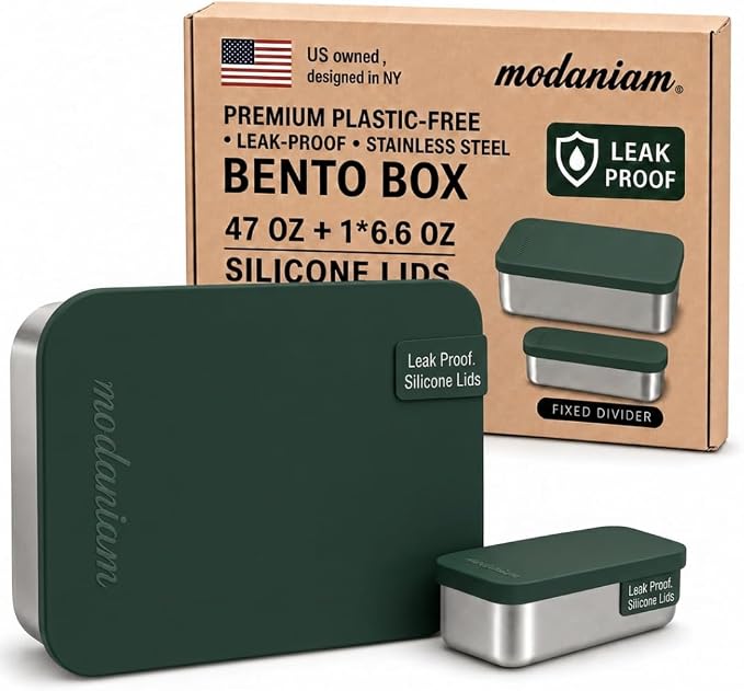 Modaniam Flexibento - 47 OZ Leak proof Stainless Steel Lunch Box Containers with Silicone Lids, Steel Bento Box, Metal lunch Box, ForestGreen-47OZ-Set Of 2