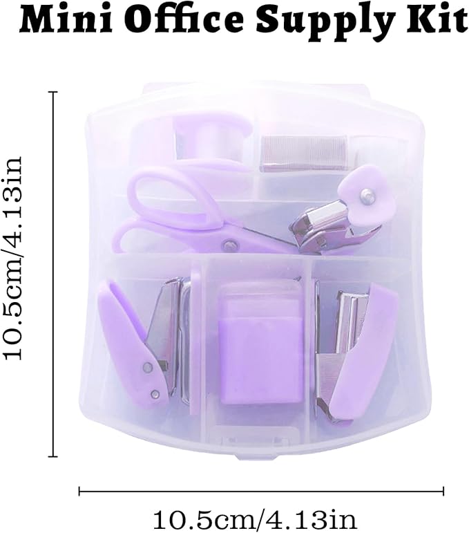 8 Pack Mini Office Supply Kits Mini School Supplies – Includes Mini Stapler, Scissors, Staple Remover, Puncher, Pencil Sharpener, Tape Dispenser (Purple)