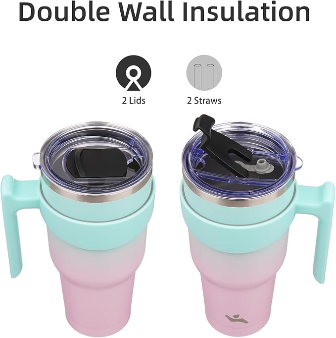 Konokyo 30 oz Tumbler with Handle and 2 Straw 2 Lid, Insulated Water Bottle Stainless Steel Vacuum Cup Reusable Travel Mug,Gum