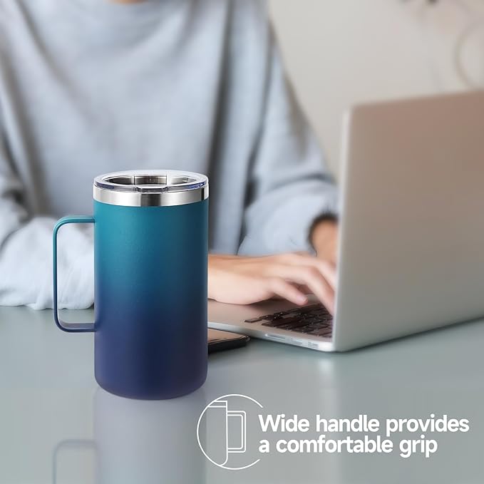 Volhoply 22oz Insulated Stainless Steel Coffee Mug with Leakproof Lid,Double Wall Vacuum Travel Coffee Cup with Handle,Reusable Metal Tumbler,Camping Mugs Keep Hot&Cold(Dark Night,1)
