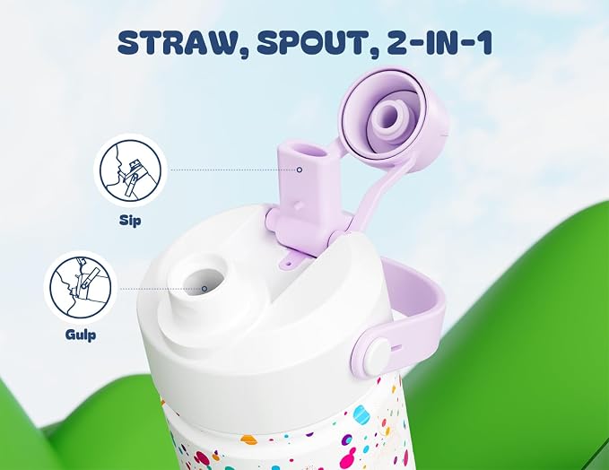 POWCAN 2 Pack 18 oz Kids Insulated Water Bottle for School: Leakproof, 2-in-1 Straw Spout Lid, BPA-Free, Keep Cold 24 Hrs, Stainless Steel Cup for Sports, Travel, Gift for Girls Boys Daughters Sons