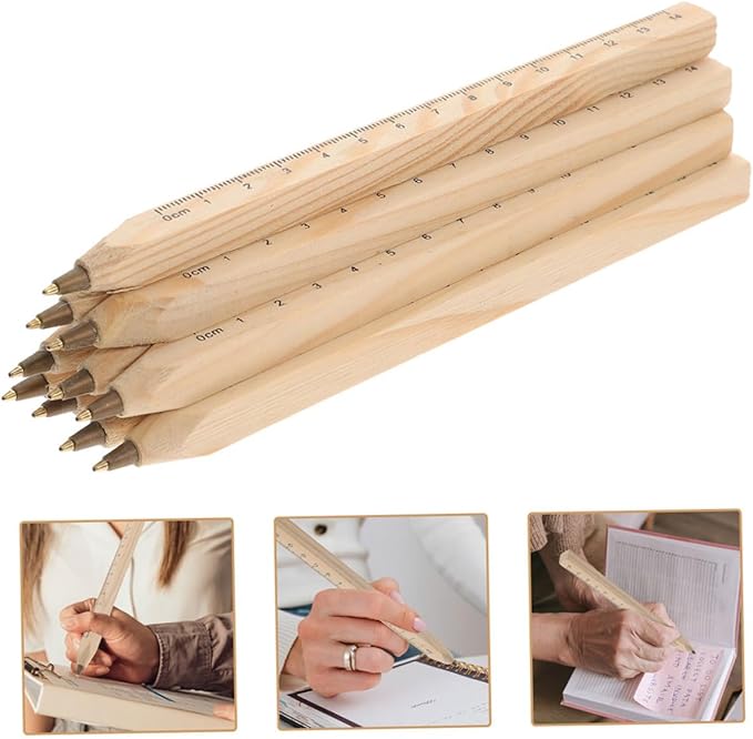 Luxshiny 6pcs Natural Biodegradable Wood Ballpoint Pens with Printed Ruler, Black Ink Carpenter Drafting Pens for Office, School, and Construction Use