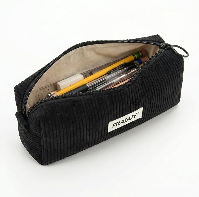 Soft Corduroy Pencil Case Pen Pouch Organizer, Small Stationery Bag | Cute black pencil pouch, smooth zipper, daily cosmetics holder, compact organizer for school teen girls, women