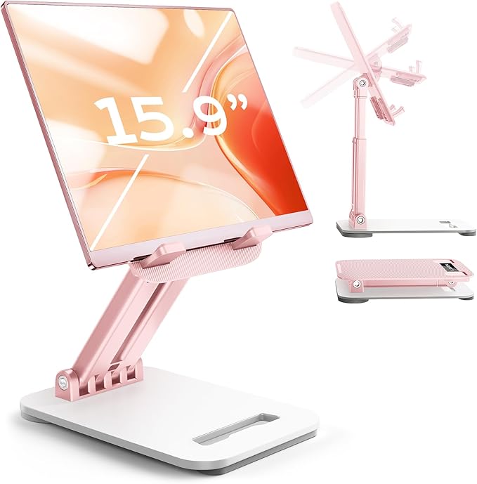 LISEN Tablet Stand for iPad Stand Holder Desk, Foldable Home Office Desk Accessories Travel for iPad Holder Dorm College Essentials Portable Monitor Stand Fits Tabs Kindle iPhone 4-15.9" Black (Pink)
