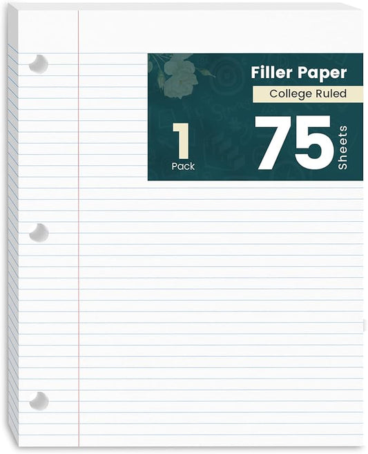 Loose Leaf Paper, 75 Sheets Notebook Lined Pads, 8 x 10.5 College Ruled Filler Paper, 3-Hole Punched Binder Paper for 3-Ring Binders, Double-Side Printed Note Pads for Home, Office, School, 1 Pack