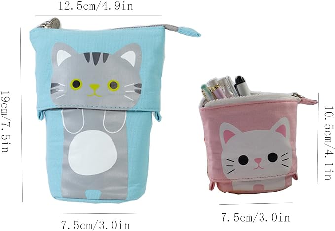 iSuperb Standing Pencil Pouch Pencil Case Cute Cat Telescopic with Zipper Canvas Kwaii Cartoon Pencil Bag Stationery Box for Kids Girls Boys School Supplies 7.5 x 4.9 x 3.0inch/4.1x 3.0inch