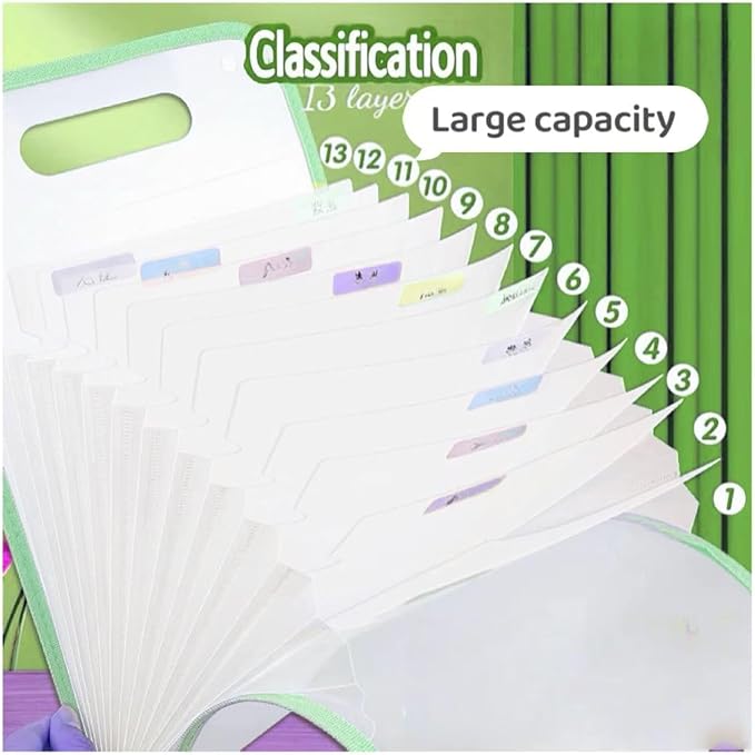 Vertical Accordion File Folder,13 Pockets Expanding File Organize with Labels,A4 Letter Size Paper Document Receipt Organizer Accordion Filing Folder for Classroom, Home,Office.(Green)