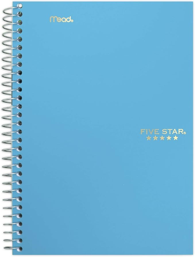 Five Star Small Spiral Notebooks, 6 Pack, 2 Subject, College Ruled Paper, 9-1/2" x 6", 100 Sheets, Amethyst Purple, Sedona Orange, Seaglass Green, Tidewater Blue, Gray, Black (73711)