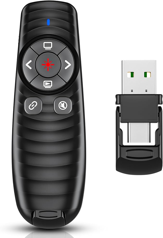 2-in-1 USB TYPE-C Presentation Clicker wireless Presenter Remote Clicker, Powerpoint Clicker Slide Advancer, Clicker for Powerpoint Presentations with Volume Control, Presentation Clicker for Computer