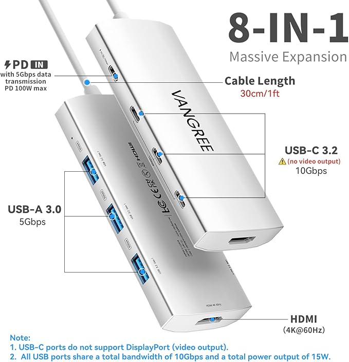USB C Hub 8 in 1 Multiport Adapter, 3 USB 3.2 Gen 2 Ports with 10Gbps, 3 USB-A 3.0 5Gbps, 4K@60Hz HDMI, 100W PD, USBC Splitter for MacBook Pro, iPad Pro, Mac mini and More(Not Support USB-C Monitor)