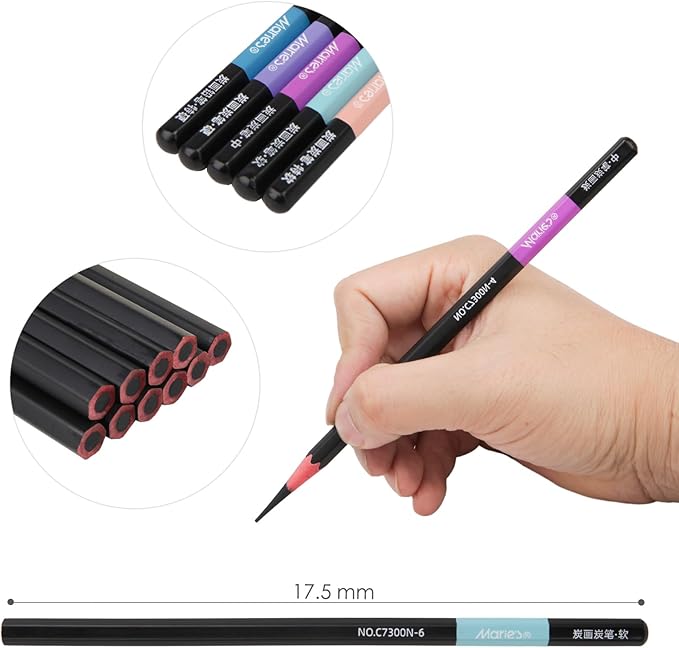 Marie's Charcoal Pencils for Drawing, 10 Pieces, Extra Hard Hard Medium Soft Extra Soft, Sketching Pencils for Artists, Smooth Charcoal Core for Layering, Blending and Detailed Artwork(Extra Soft)