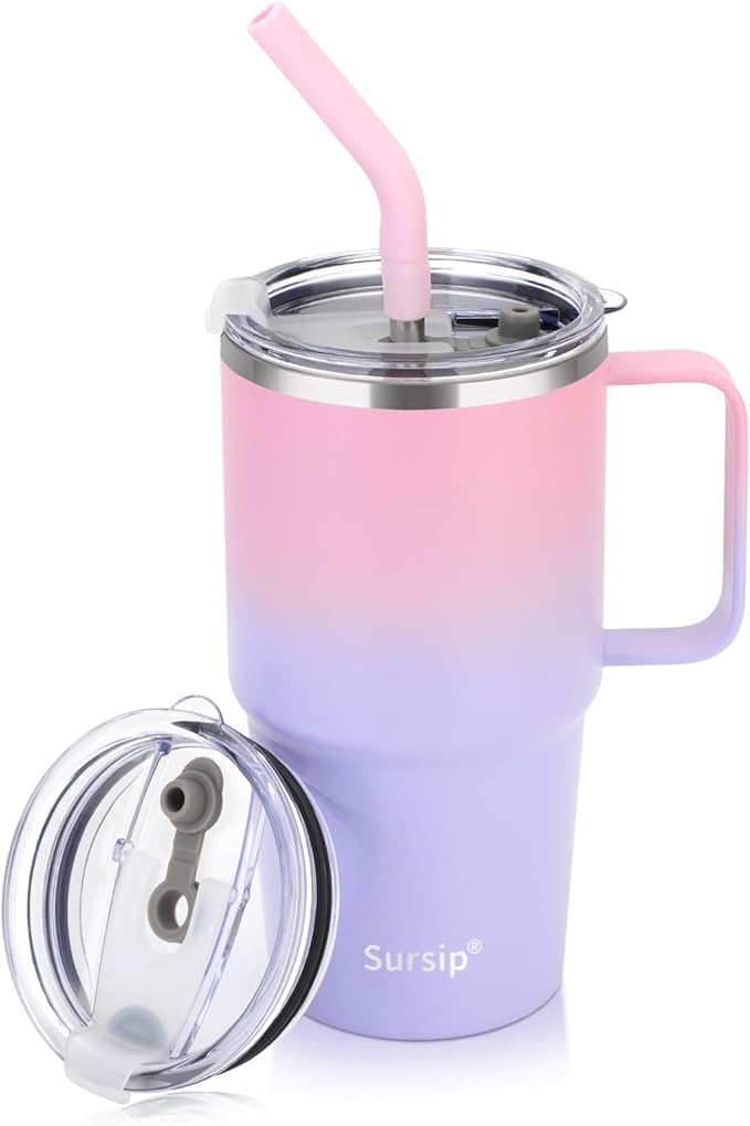 Sursip Insulated Coffee Mug with Handle and Lid, 24 oz Double Wall Vacuum Travel Thermal Coffee Tumbler with Straw for Home, Office Stainless Steel Coffee Cup - Leak proof (Pink＆Purple)