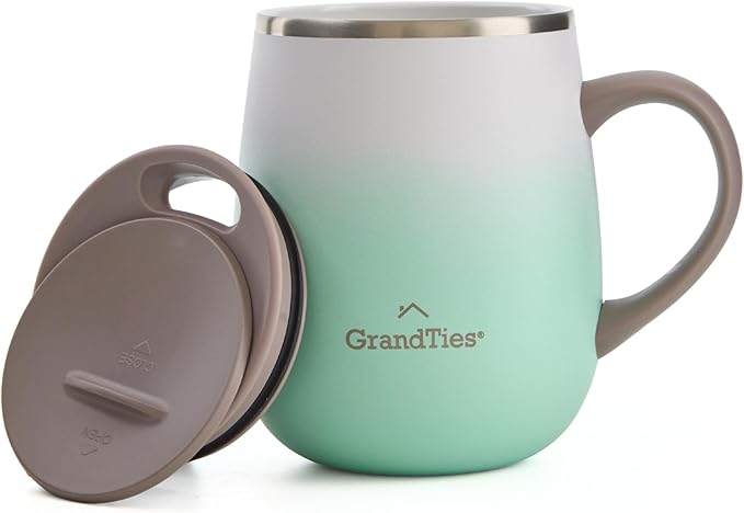 GRANDTIES 16oz Ceramic-Lined Insulated Coffee Mug with Sliding Lid, Wine-Glass Shape Thermal Tumbler with Double Walled Vacuum to Keeps Beverages Hot or Cold (Mist Sage)