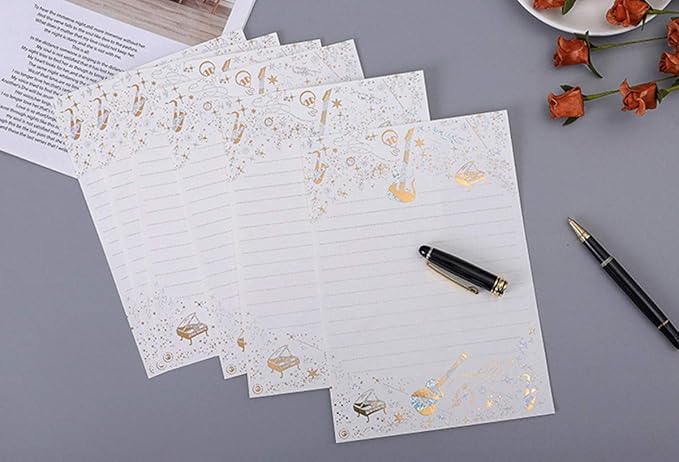 A5 Small Gold Foil Lined Stationary Paper and Envelopes Set,16 Sheets Black White Feather Lined Letter Writing Paper Cute Stationery Paper Set,Writing Printer Paper Decorative Paper