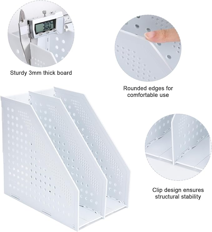 FRETONBA Collapsible Magazine File Holder with 2 Vertical Compartments Foldable Binder Holder for Desk Binder Storage Organizer Plastic Magazine Holders for Shelf, Light Gray
