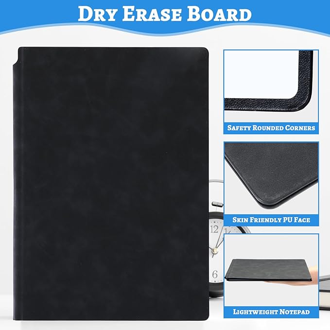 Marspark Portable Whiteboard Dry Erase Board 12.5" x 9" Large Reusable Folding Double Sided Notebook Memo with 3 Magnetic Marker Eraser Black Desk Accessories for Office School Study Meeting Planning
