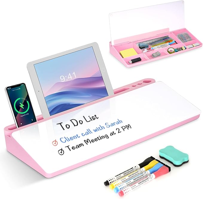 Desktop Glass Whiteboard with Storage, Pink Desk Dry Erase White Board with Computer Keyboard Stand, Desk Organizers and Accessories with Removable Cubicles for Office, Home, College, School