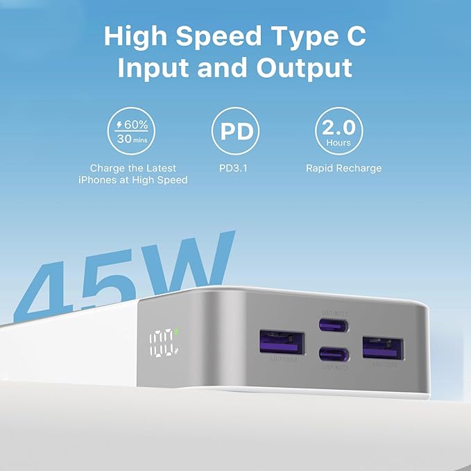 JUOVI Power Bank 45W 20000mAh Portable Charger USB C, PD QC Fast Charging 4-Port(2C+2A) External Battery Pack with LED Display, for iPhone 15 16 MacBook ipad