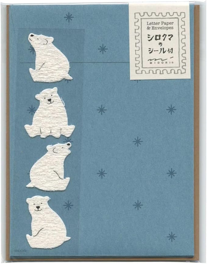 Midori 86640006 Letter Set with Stickers, 12 Stationery Notes, 4 Envelopes, Polar Bear Pattern A