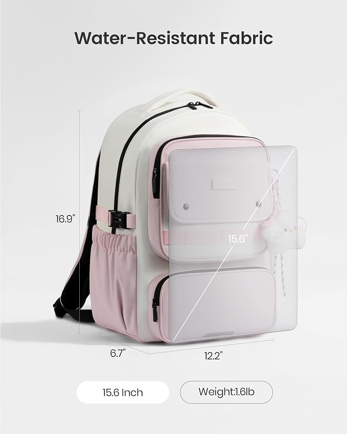 LOVEVOOK School Backpack for Teen Girl, Cute Bookbag with Large Bottle Holder, Lightweight Elementary Middle High School Student Backpack Fits 15.6 Inch Laptop, Back to Schools Kid Gift, Pink-Cream